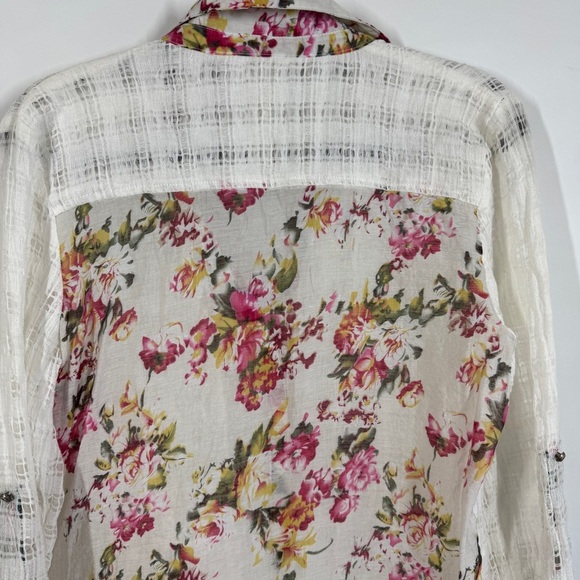 Aratta Silent Journey Button Down Sheer Plaid & Floral Blouse White Pink - Picture 4 of 13